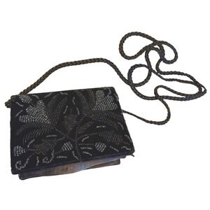 Vintage Black Velvet Beaded Evening Bag Purse Art Deco Floral 5"x4" Snap Closure